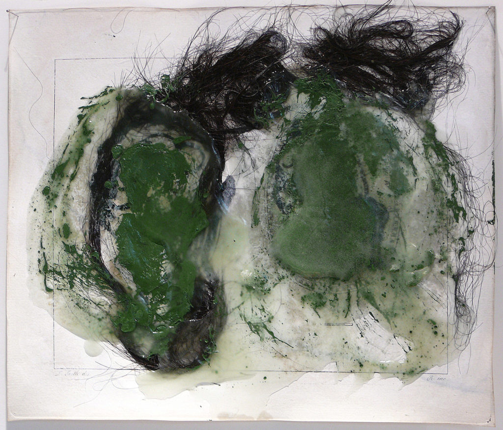 Sécrétion mentale, 2016 - Encre sur papier gravure, cheveux, cire et pigment - 20x23 cm